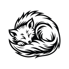 Black and White Fox Curled Up, Stylized Design, Animal Shape on Isolated Background