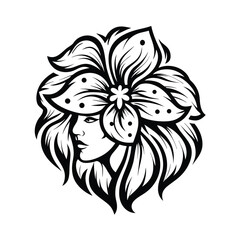 Black and White Line Art Female Profile with Flower Crown and Flowing Hair Design