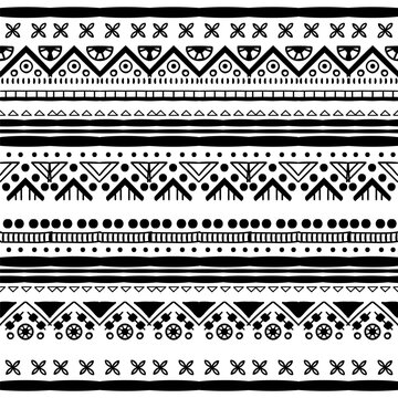 Black and white Ethnic seamless in native style. Vector pattern with African art decoration tribal geometric shape symbols. Folk background vector. Tent boarder backdrop. Abstract Aztec line motif