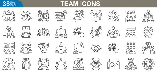 Team icons set. Flat line icon representing teamwork, collaboration, leadership, project management, office communication concepts, and more. Vector illustration