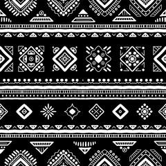 Black and white Ethnic seamless in native style. Vector pattern with African art decoration tribal geometric shape symbols. Folk background vector. Tent boarder backdrop. Abstract Aztec line motif