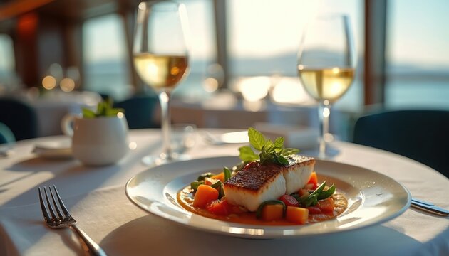 Gourmet meal served with wine on cruise ship. Elegant dining with sea view. Fresh dish presentation. Luxury vacation, fine cuisine. Delicious dinner, culinary art.