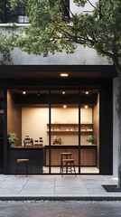 3d rendering of a modern cafe exterior with wooden tables and chairs