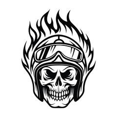 Burning Skull Rider Black and White Skull with Helmet and Flames Detailed Style