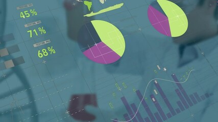 In school, animation of colorful pie charts overlaying professionals analyzing data - Powered by Adobe