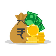 Indian currency bag with rupee symbol, coins, and cash financial wealth and savings concept vector illustration.