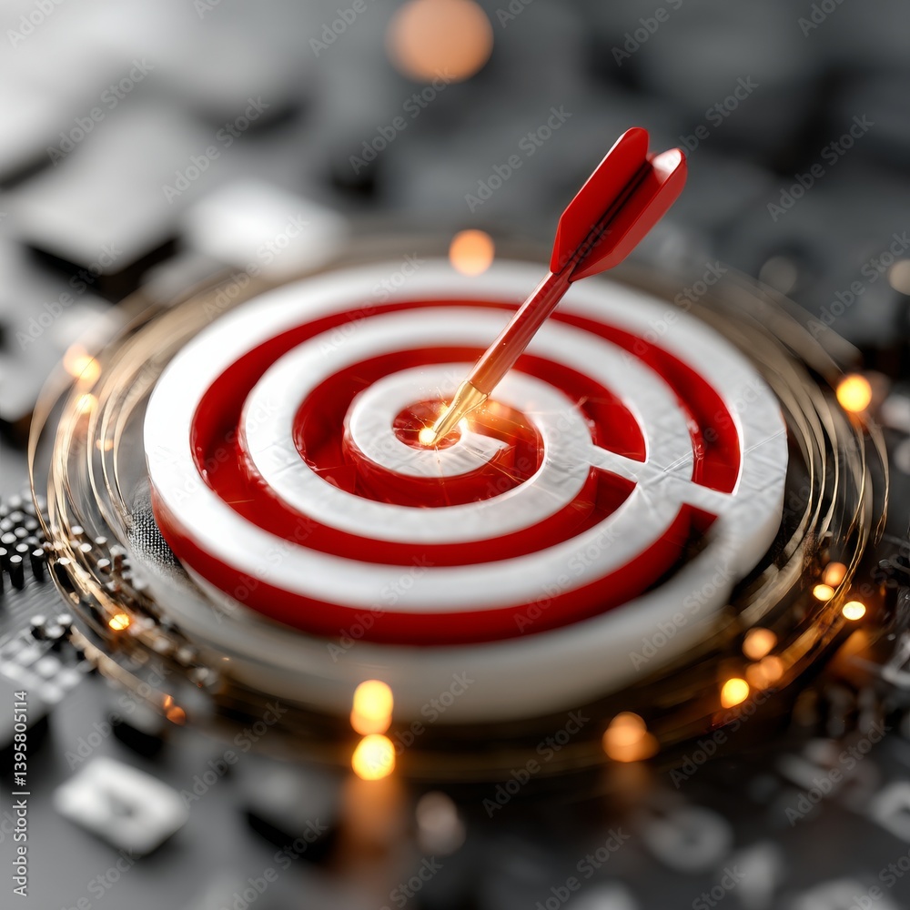 Poster Bullseye on Tech: Red Dart Hitting the Center of Target on Circuit Board with Golden Accents and Bokeh Lights