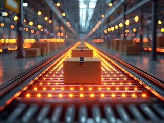 Automated order fulfillment center with glowing conveyor belts sorting items into shipping boxes