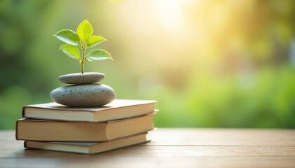 Concept photo of balance, growth with stacked books, stones, plant. Harmony, education, learning, personal development concept. Mindfulness, relaxation, calmness, productivity. Natural green