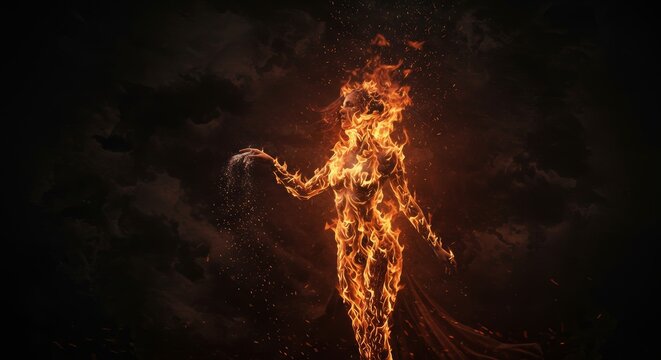 Mystical fire woman portrait with sand falling against a dark smokey background