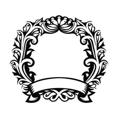 Decorative Black Ornate Wreath with Banner for Text Isolated on White Background
