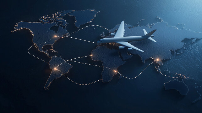 Air travel map with dotted arcs, plane mid-route between continents