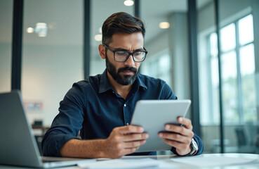 Indian businessman uses tablet at office desk. CEO manager executive analyzing corporate data on pad. Serious worker focused on digital tech project at workplace.