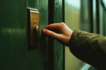Naklejka premium A gentle hand reaches for a vintage doorbell, its worn brass surface reflecting nostalgia, hinting at stories of the past.