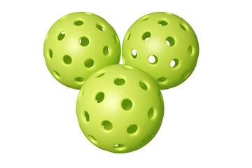 Three vibrant green pickleballs on an isolated background. 3d rendering