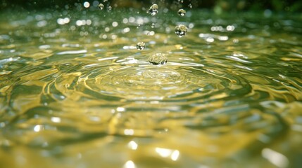 Water droplet impact, ripples and light.  Close up view of a water surface with circular ripples caused by a falling droplet.  Golden hues and highlights