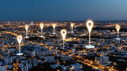 GPS markers hover in the night sky over a bustling cityscape, highlighting vibrant lights and an urban environment