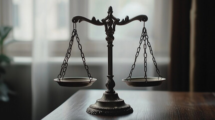 Courtroom with balanced scales, civic authority enforcing legal order