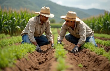 Two hispanic farmers planting amaranthus by hand in agricultural field. Men working at organic farm, preparing, cultivating crop. Farming, agriculture concept, hard work, healthy food, farming.