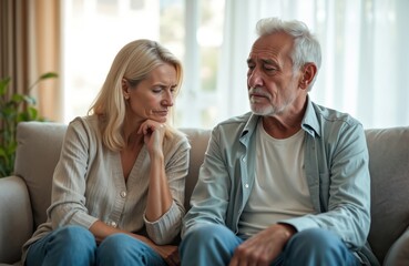 Upset senior couple sits sofa. Elderly man woman feel sad after argument. Relationships problems, divorce, family troubles concept. Negative emotions, mental health issues in mature age.