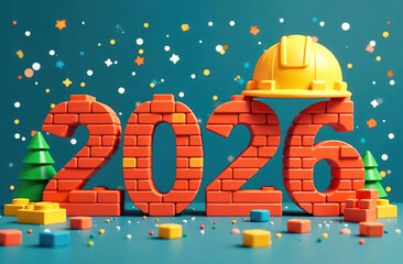 The numbers 2026 are made of bricks. New year greeting card with yellow construction helmet for builders