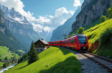 Red train travels through Swiss Alps. Green meadows surround railway, mountains with snowy peaks, wooden houses. Travel, tourism, european vacation scenic landscape. Train journey in Switzerland.