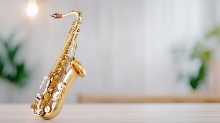 Gold saxophone on a table