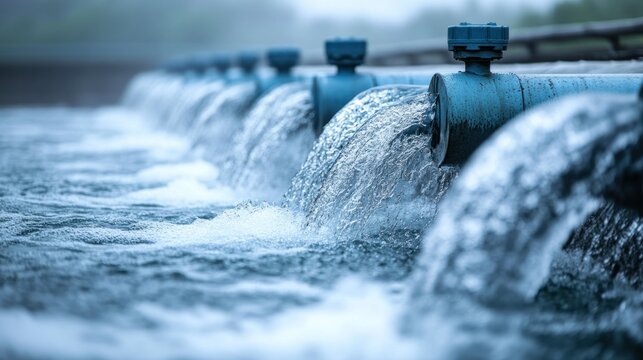 Water flowing from pipes in a water treatment facility.  Water treatment pipes are releasing water into a body of water.  Water flows vigorously