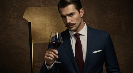 Naklejka premium Sophisticated man raising glass of red wine in a luxurious setting studio