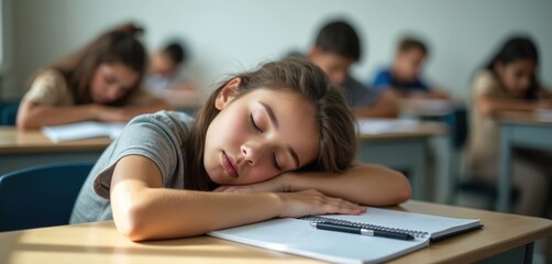 Teenage girl sleeps on desk in classroom during lesson. Exhausted student sleeps after studying. Fatigue from education, burnout, exam preparation. Narcolepsy. Homework, exam stress, tired student.