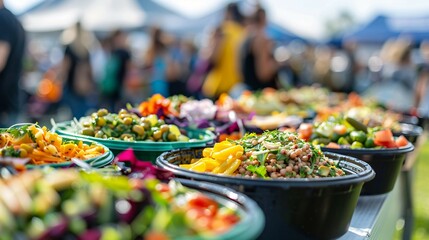 Vibrant Outdoor Food Market with Fresh Salads and Organic Ingredients Background