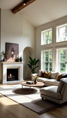 Elegant and spacious living room with vaulted ceilings and a fireplace, Comfortable, Luxury