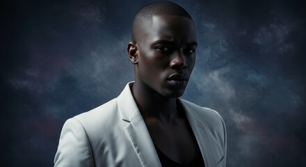 Fototapeta premium Striking portrait of a young confident black man with elegant jacket pose
