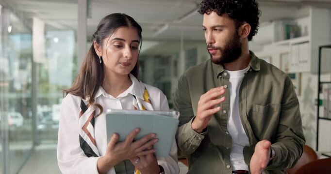 Tablet, planning and discussion with business people in office for creative campaign, advice and feedback. Communication, web consultant and project kpi with employees in startup agency for teamwork