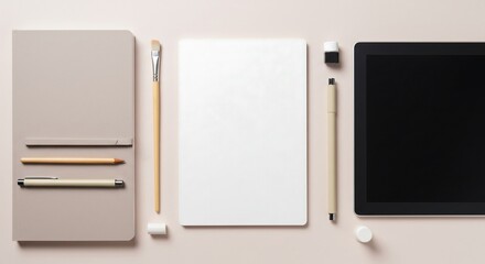 Creative Workplace Flat Lay with Tablet and Art Supplies