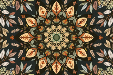 A mandala design background incorporating natural elements like leaves, flowers, and vines, arranged in a symmetrical, radial pattern with earthy tones.