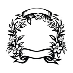 Floral Wreath with Ribbon Banners, Elegant Black Silhouette of Flowers and Leaves