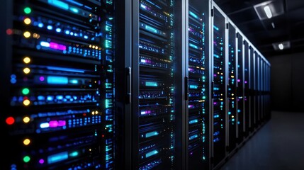 Data center server room, network infrastructure, glowing lights, background, technology