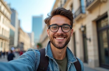 Fototapeta premium Young man taking selfie with city view. Happy male smiles, wears glasses, denim jacket. Cheerful person, modern lifestyle. Urban environment. Person enjoys travel, creates content, shares online.