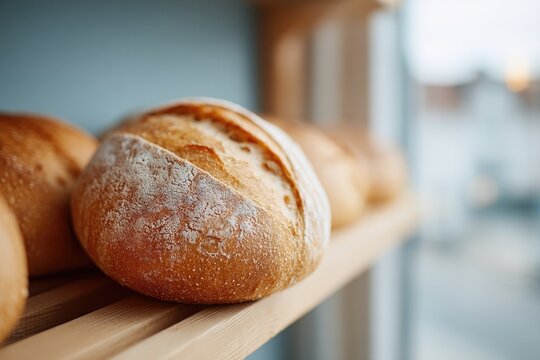 cozy bakery interior with freshly baked bread on wooden shelves
