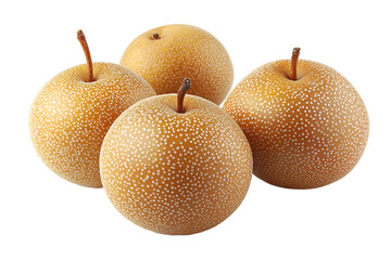 Close up of four asian pears with brown stems and speckled skin on a black background studio shot