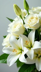 Elegant bouquet of white roses, lilies, and hydrangeas with green leaves, green leaves, flowers