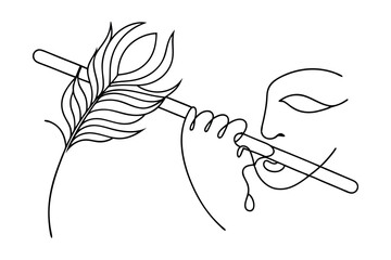 Krishna Playing Flute Continuous Line Art With Peacock Feather Illustration