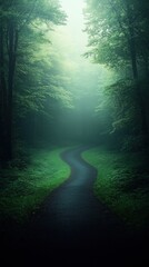 Obraz premium Mysterious winding path through a foggy forest in early morning light