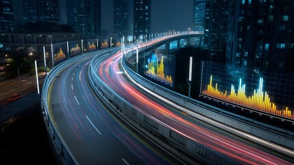 Obraz premium Highway with light trails at night surrounded by city buildings.