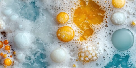 Colorful bubbles create an abstract pattern in a soap mixture during a science experiment at home in the evening