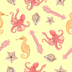 Seamless pattern of seahorse,octopus, starfish and seashell on a light yellow background.Vector pattern for textiles, backgrounds, and summer designs.
