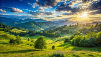 Obraz premium Georgia Summer Landscape: Panoramic View of Lush Green Mountains and Rolling Hills