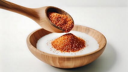 Spice added to ingredients in a wooden bowl. A wooden spoon is holding the spice above the bowl to pour into other ingredients