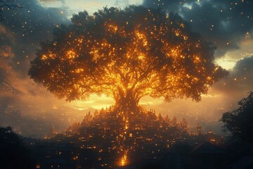 
A city built around a large tree A large tree that grows in the center of the city and is its heart. The branches of this tree cover everything around the building, and it provides life and light to 